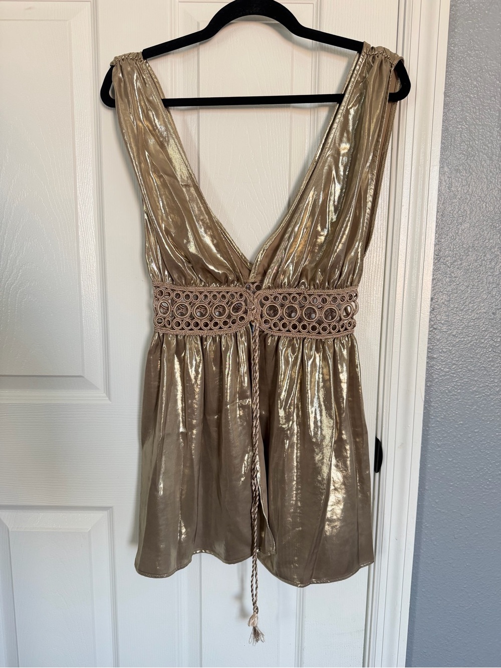 Metallic Gold V-Neck Camisole with Crochet Waistband